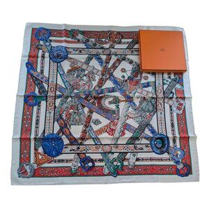 HERMES New La Songe de la Licorne White Red 90 cm Silk Square Scarf w Box RARE